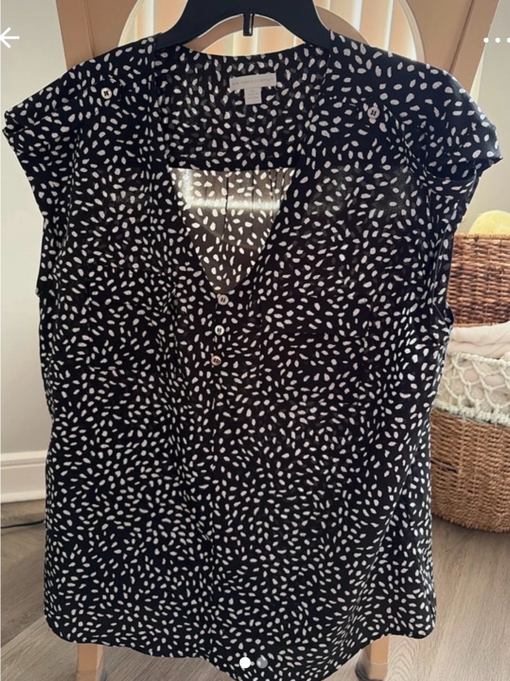 New York & Company Black Blouse with White Leaf Dot Print